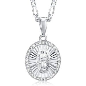 Catholic Virgin Mary Necklace 14K Silver Round Zirconia Guadalupe Pendant Women